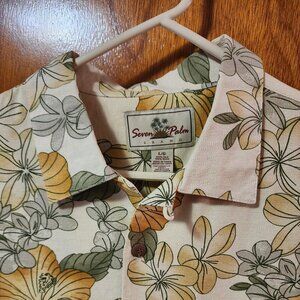 Men's L Seven Palm Yellow Silk Floral Hawaiian Short Sleeve Button Down Shirt
